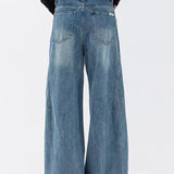 Casual Vintage Washed Spliced Wide‑Leg Denim Trousers