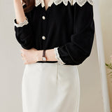 Mixed Material V-Neck Embroidered Lace Cape Shoulder Knit