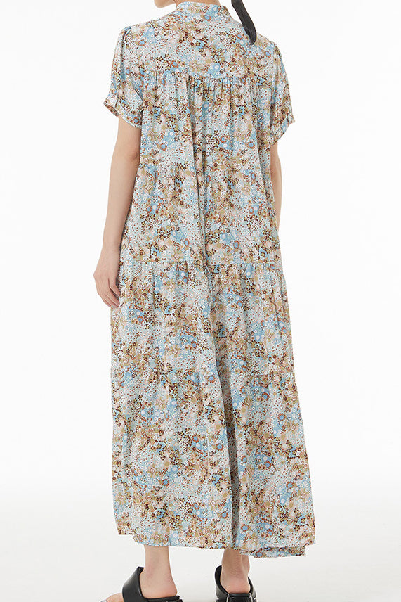 バンドカラー花柄ロングティアードワンピース　3色入 - liwisi