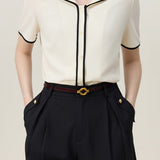 Sailor Collar Contrasting Piping Hem Sheer Blouse