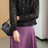 Round Neck Openwork Long Sleeve Cardigan with Lining - 2 Colors Available