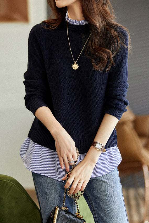 Mixed Material Ruffled Collar Striped Contrast Knit - liwisi
