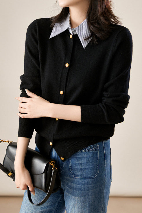 Layered Look Shirt Collar Striped Contrast Knit Cardigan - 3 Colors Available - liwisi
