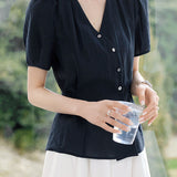 Casual Commuter Ruched Asymmetric Placket Tie Waist Blouse