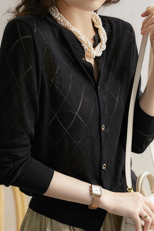 Round Neck Open Knit Check Pattern Cardigan - 3 Colors Available - liwisi