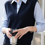 Elegant Commuter Lapel Spliced Striped Long‑Sleeve Knit Sweater
