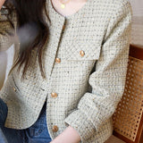 Chanel-Inspired No-Collar Sequin Decor Jacket with Lining