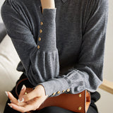 Button Decorated Slit Sleeve Knit Top - 5 Colors Available