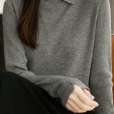 Elegant Polo Collar Cuff Slit Ribbed Knit Sweater