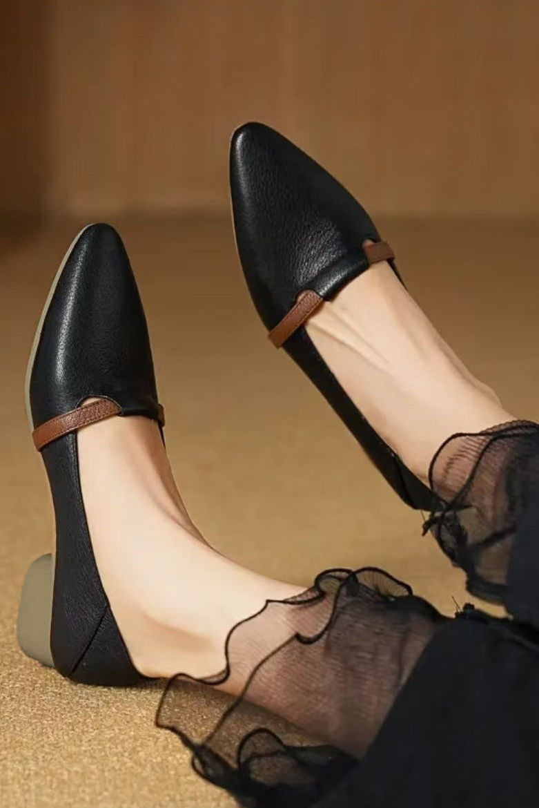 Casual Block Heel Soft Leather Pointed Toe Low Heel Shoes - liwisi