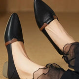 Casual Block Heel Soft Leather Pointed Toe Low Heel Shoes - liwisi