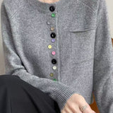 Elegant Round Neck Irregular Color Button Knit Cardigan