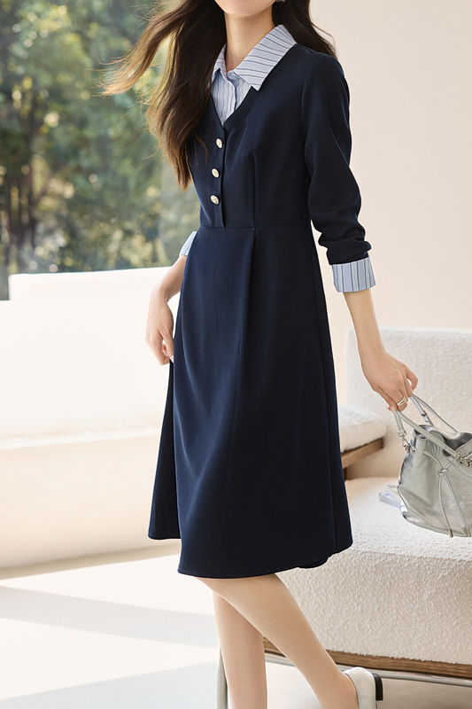 Casual Office Fake Two-Piece Paneled A-Line Shirt Dress - liwisi