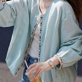 Elegant Commuter Crew Neck Zip Long-Sleeve Coat With Beaded Details