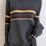 Vintage Commuter Vertical Rib Mock Neck Striped Knit Top