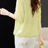 V-Neck Front Button Decor Drawstring Gathered Blouse - 3 Colors Available