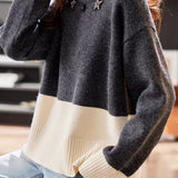Casual Star‑Decorated Color‑Block Slit Knit Sweater