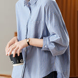 Casual Long Sleeve Shirt With Lapel And Vertical Stripes