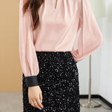 Front Cut-Out Long Sleeve Satin Blouse - 2 Colors Available
