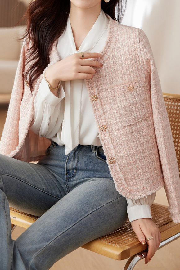 Elegant Tweed Short-Length Frayed Long-Sleeve Jacket - liwisi