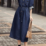 Casual Lapel Drawstring Tie Long Sleeve Denim Dress