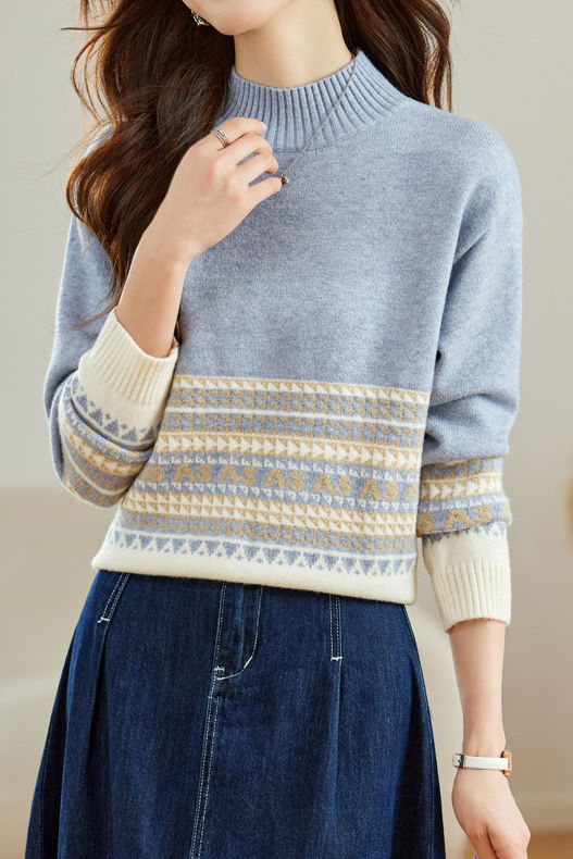 Slouchy Half-High Neck Color-Block Knit Top - liwisi