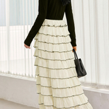 French Elegant Crew Neck Color‑Block Fitted Waist Tiered Maxi Dress