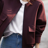 Round Neck Double Flap Pocket Long Sleeve Blouson-2 Colors Available