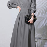 Elegant Commuter Lapel Waist-Cinched Long-Sleeve Shirt Dress