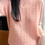 Elegant Commuter Crew Neck Cable Knit Pullover Five-Quarter Sleeve Top