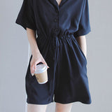Notch Lapel Color Drawstring Short Overall - 2 Colors Available