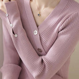 Elegant Asymmetrical V-Neck Long-Sleeve Knit Top