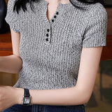 Key Neck Button Decor Knit Top