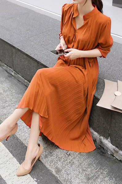 Puff Sleeve Waist Marked Pleated Dress - Long Sleeve, Elegant, Slimming, Fit, Work - 4 Colors Available - liwisi
