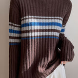 Vintage Commuter Vertical Rib Mock Neck Striped Knit Top