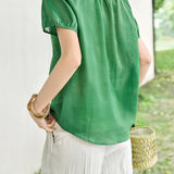 French Elegant Crew Neck Puffed Short-Sleeve Blouse