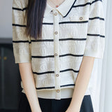 Elegant Commuter Tencel Stripe Jacquard Lapel Knit Top