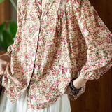 French Vacation Mini V‑Neck Puff Long‑Sleeve Floral Blouse