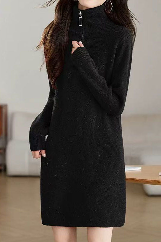 Fashionable Half-Zip Loose Sweater Dress - liwisi