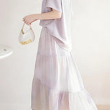 Elegant Commuter Satin Blouse & Gradient Flared Midi Skirt Two-piece Set