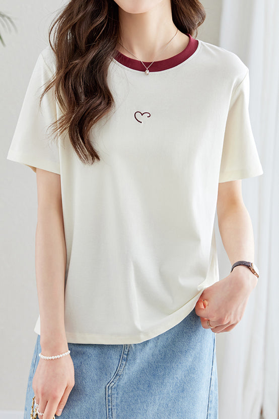 ラウンドネックロゴ刺繡装飾Tシャツ - liwisi