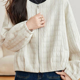 Casual Long Sleeve Quilted Plaid Coat With Round Neck