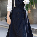 Exquisite Commuter Faux Two-Piece Vertical Striped Lapel Double-Breasted Dress