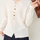 Elegant Commuter V‑Neck Textured Knit Long‑Sleeve T‑Shirt