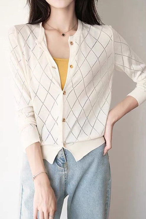 Round Neck Open Knit Check Pattern Cardigan - 3 Colors Available - liwisi