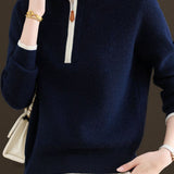 Gentle Commuter Contrast Half-Zip Lapel Knit Top