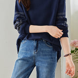 Mixed Material Pullover with Logo Embroidered Decor Sweatshirt