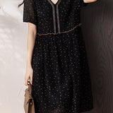 Elegant Polka Dot Pleated V-Neck Dress