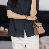 Casual Commuter Single Pocket Embroidered Color Contrast Lapel Blouse