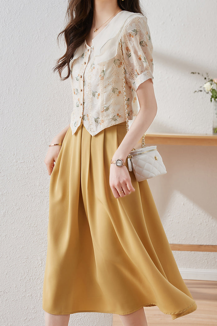 二点セット　ダブルフレアーカラー花柄ブラウス＋タックインロングフレアスカート　裏地付 - liwisi